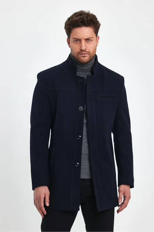 Navy blue, slim fit, wool coat. - 10