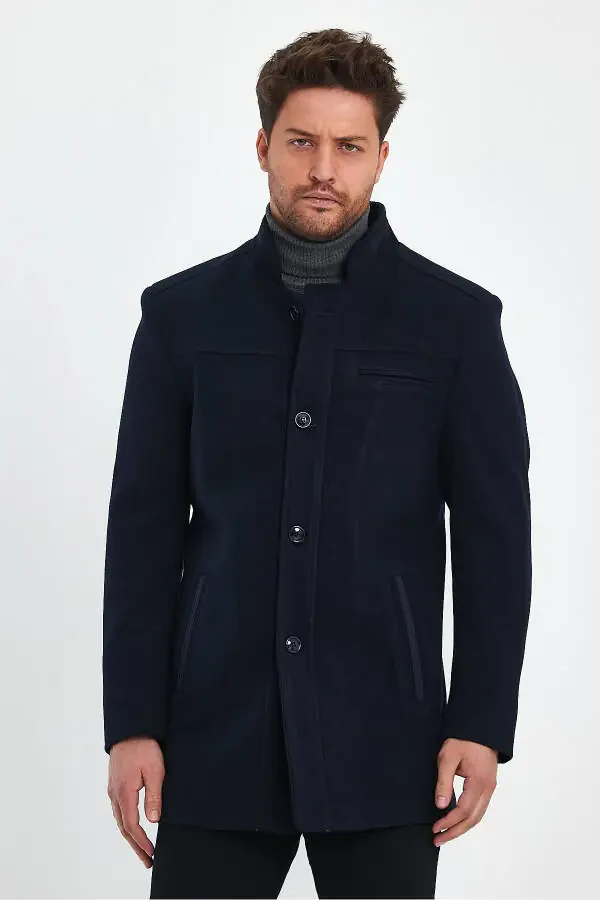 Navy blue, slim fit, wool coat. - 12