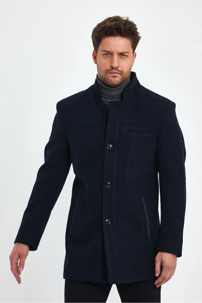 Navy blue, slim fit, wool coat. - 13