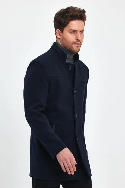 Navy blue, slim fit, wool coat. - 14