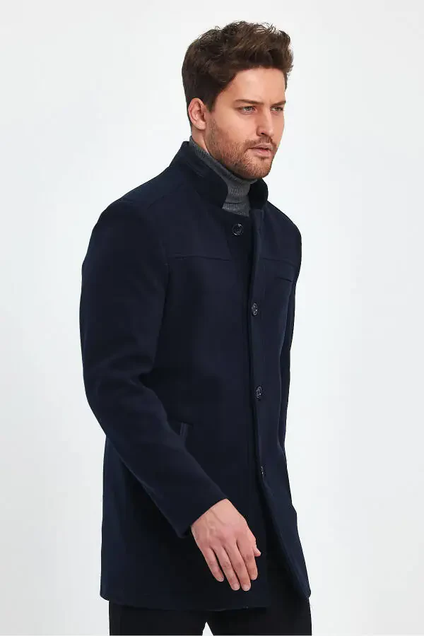 Navy blue, slim fit, wool coat. - 14