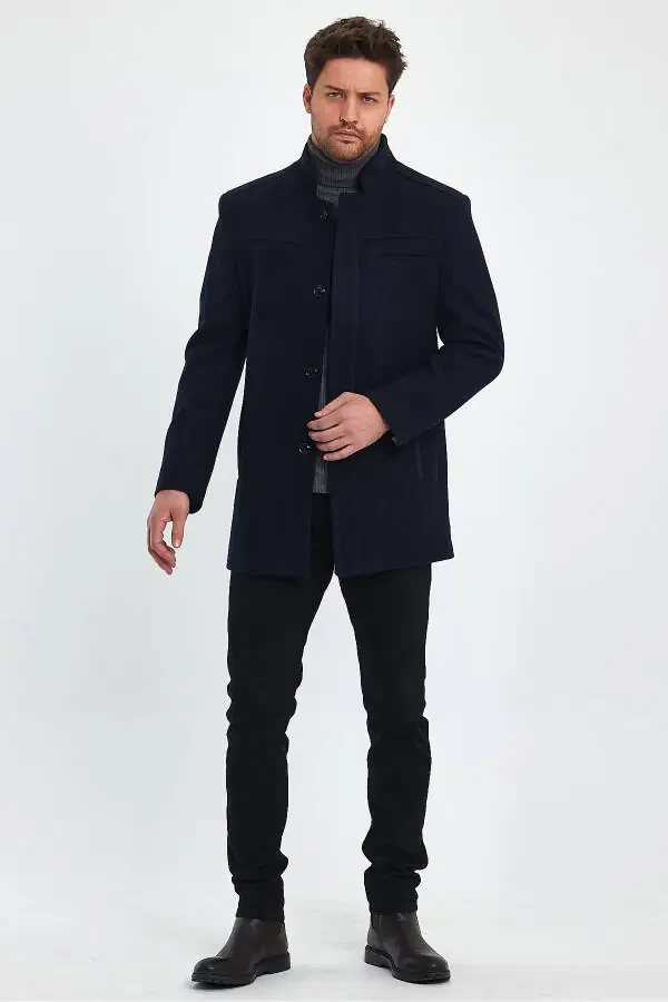 Navy blue, slim fit, wool coat. - 1