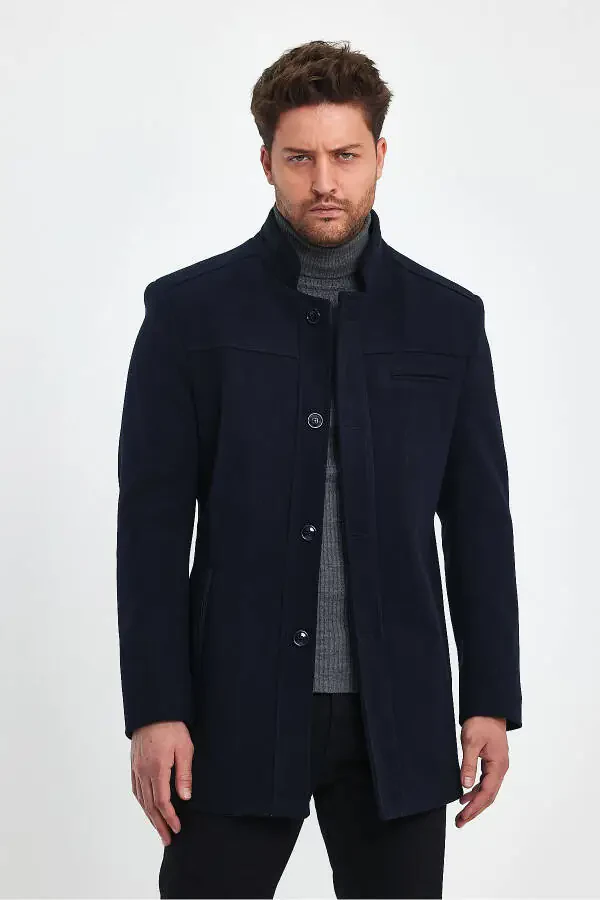 Navy blue, slim fit, wool coat. - 2