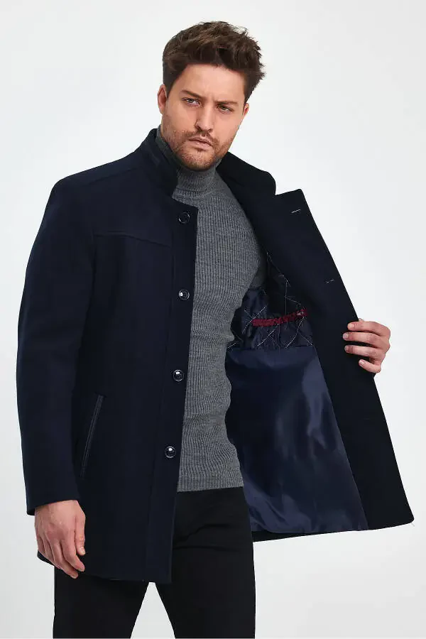 Navy blue, slim fit, wool coat. - 3