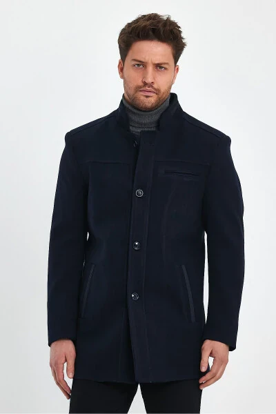 Navy blue, slim fit, wool coat. - 4