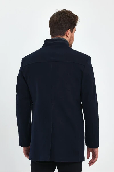 Navy blue, slim fit, wool coat. - 7
