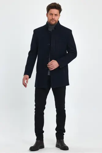 Navy blue, slim fit, wool coat. 