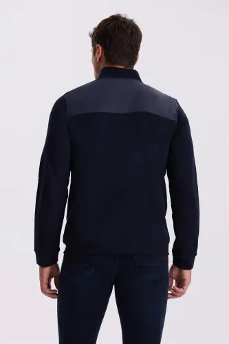 Navy Blue Slim Fit Zippered Cotton Lycra Tracksuit Top - 4