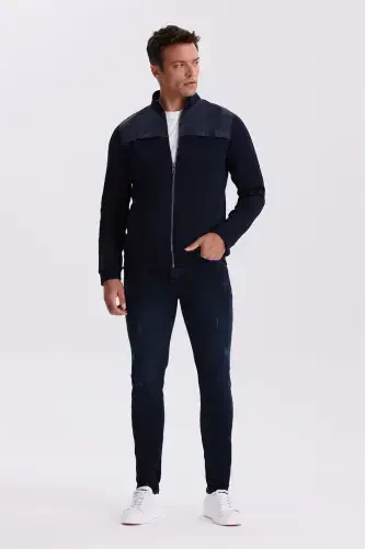 Navy Blue Slim Fit Zippered Cotton Lycra Tracksuit Top - JAKAMEN (1)