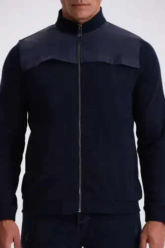 Navy Blue Slim Fit Zippered Cotton Lycra Tracksuit Top - 3