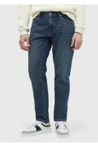 Navy Blue Solid Regular Fit Denim 100% Cotton Pants - RAMSEY (1)