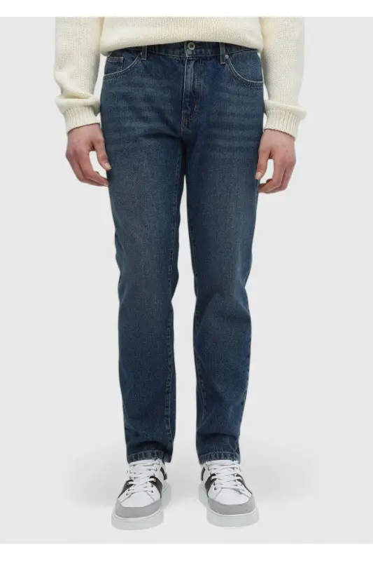 Navy Blue Solid Regular Fit Denim 100% Cotton Pants - 3