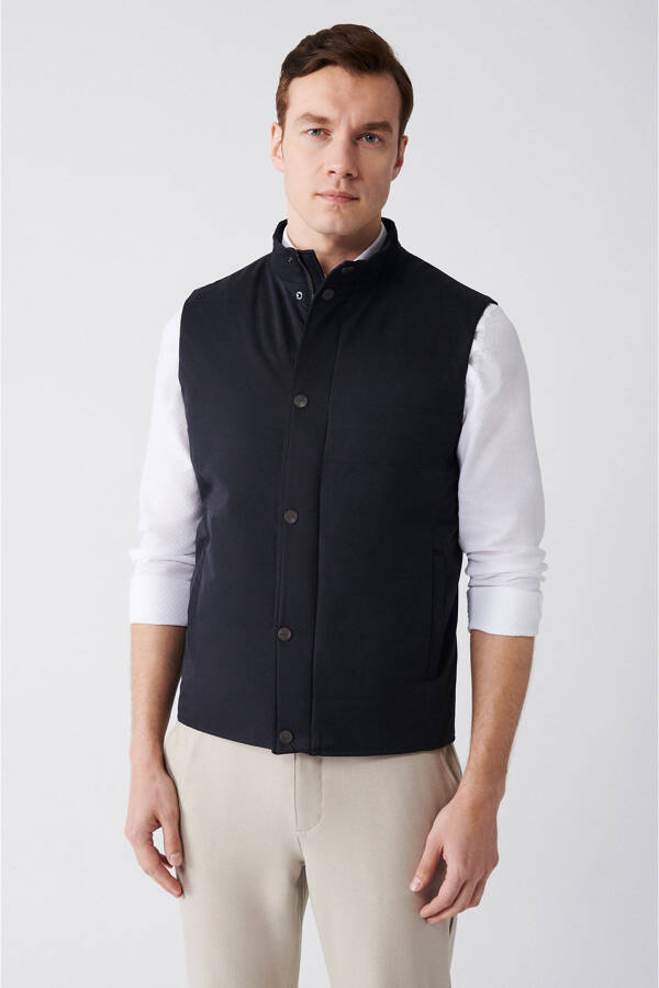 Navy Blue Stand Up Collar Water Repellent Windproof Standard Fit Vest - 7