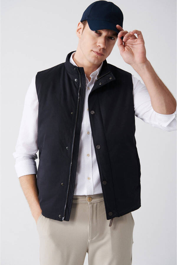 Navy Blue Stand Up Collar Water Repellent Windproof Standard Fit Vest - 9