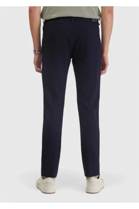 Navy Blue Straight Knit Slim Fit Casual Trousers - 4