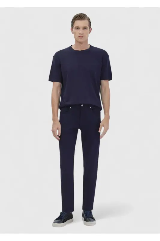 Navy Blue Straight Knit Slim Fit Casual Trousers - RAMSEY