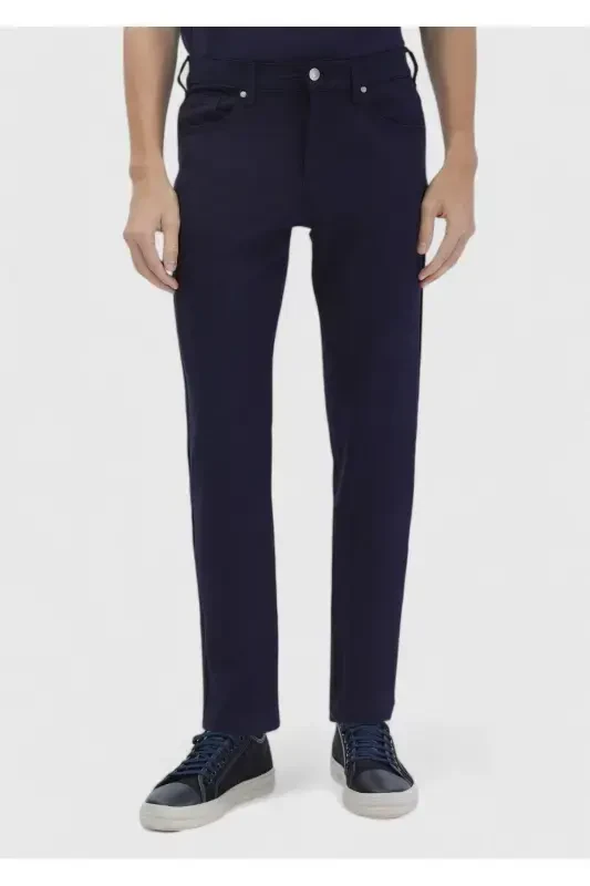 Navy Blue Straight Knit Slim Fit Casual Trousers - 2