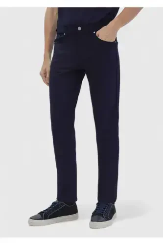 Navy Blue Straight Knit Slim Fit Casual Trousers - 3