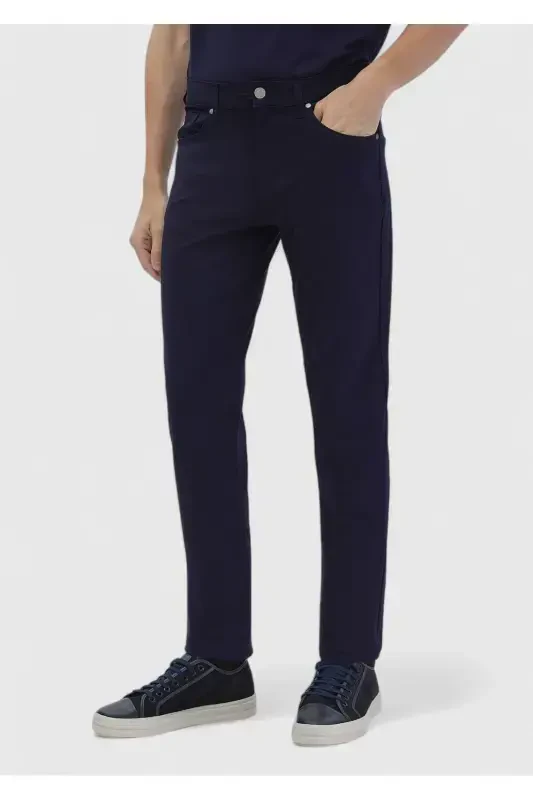 Navy Blue Straight Knit Slim Fit Casual Trousers - 3