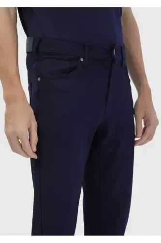 Navy Blue Straight Knit Slim Fit Casual Trousers - 4