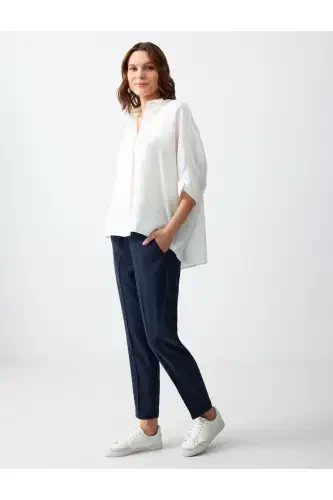 Navy Blue Straight Leg High Waisted Regular Fit Woven Trousers - 1