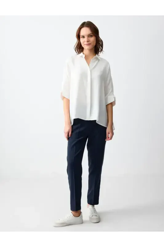 Navy Blue Straight Leg High Waisted Regular Fit Woven Trousers - 2