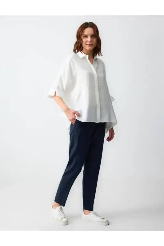 Navy Blue Straight Leg High Waisted Regular Fit Woven Trousers - 3