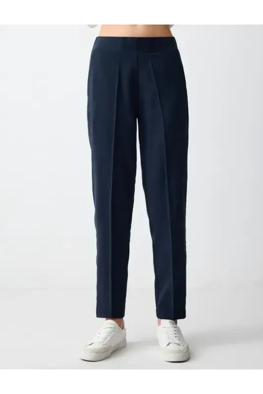 Navy Blue Straight Leg High Waisted Regular Fit Woven Trousers - 4