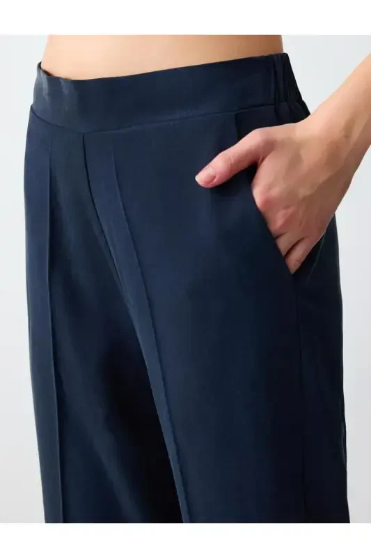 Navy Blue Straight Leg High Waisted Regular Fit Woven Trousers - 5