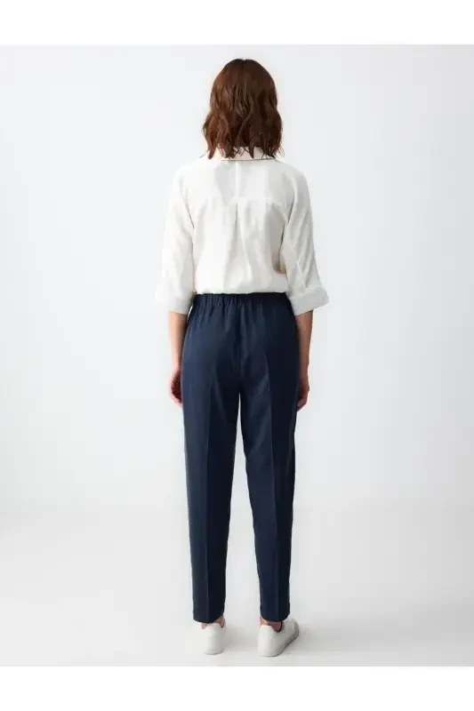 Navy Blue Straight Leg High Waisted Regular Fit Woven Trousers - 6