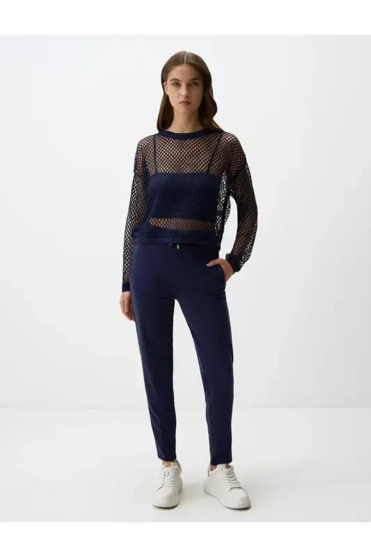 Navy Blue Straight Leg Regular Fit High Waist Knitted Trousers-Navy Blue - JIMMY KEY