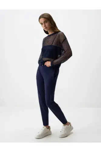 Navy Blue Straight Leg Regular Fit High Waist Knitted Trousers-Navy Blue - JIMMY KEY (1)