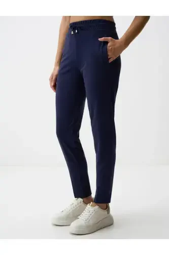 Navy Blue Straight Leg Regular Fit High Waist Knitted Trousers-Navy Blue - 4