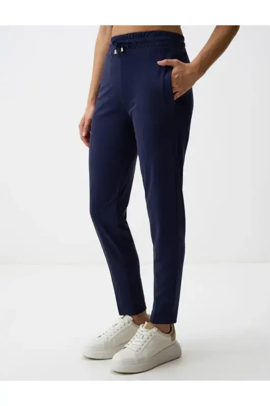 Navy Blue Straight Leg Regular Fit High Waist Knitted Trousers-Navy Blue - 4