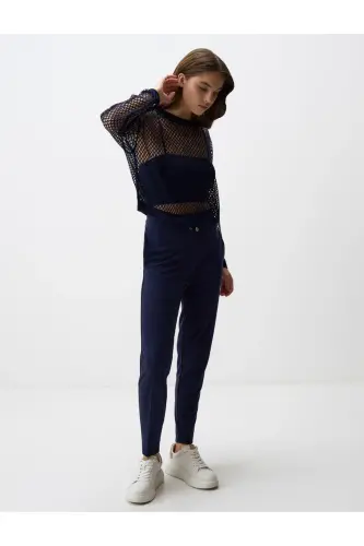 Navy Blue Straight Leg Regular Fit High Waist Knitted Trousers-Navy Blue - 3