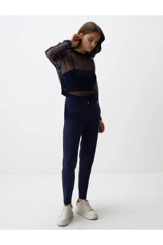 Navy Blue Straight Leg Regular Fit High Waist Knitted Trousers-Navy Blue - 3