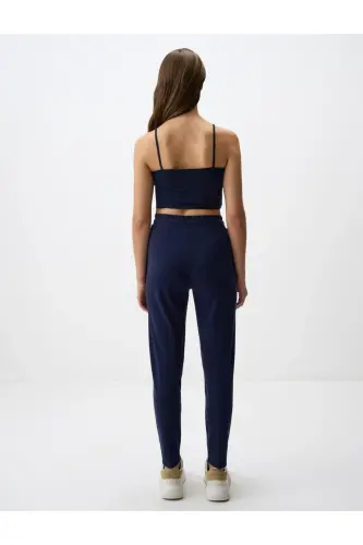 Navy Blue Straight Leg Regular Fit High Waist Knitted Trousers-Navy Blue - 5