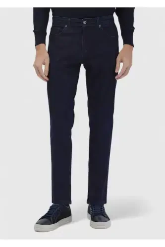 Navy Blue Straight Slim Fit Denim Cotton Blend Trousers - RAMSEY (1)