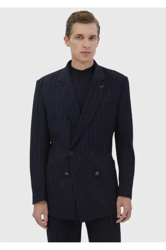 Navy Blue Striped Comfort Fit Cotton Blend Suit - RAMSEY