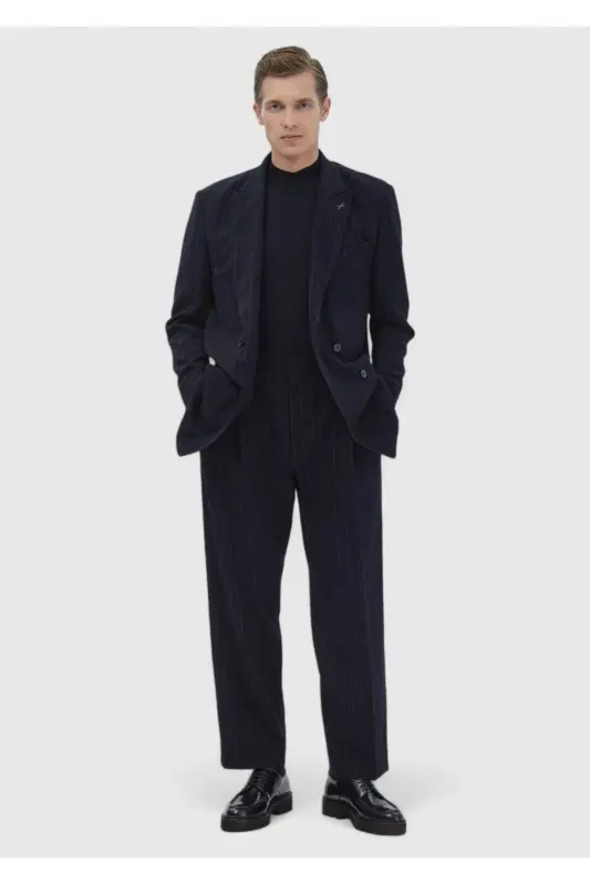 Navy Blue Striped Comfort Fit Cotton Blend Suit - 2