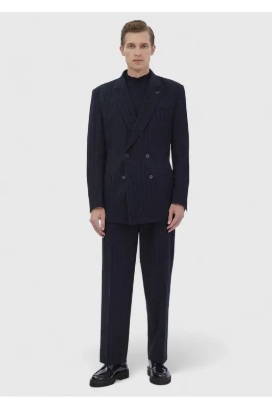 Navy Blue Striped Comfort Fit Cotton Blend Suit - 3
