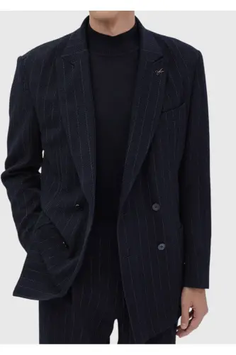 Navy Blue Striped Comfort Fit Cotton Blend Suit - 5