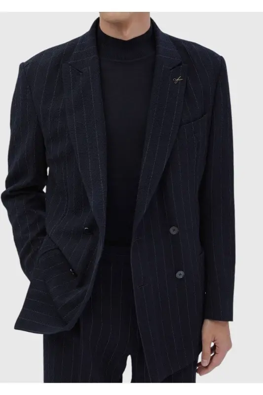 Navy Blue Striped Comfort Fit Cotton Blend Suit - 5