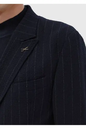 Navy Blue Striped Comfort Fit Cotton Blend Suit - 6