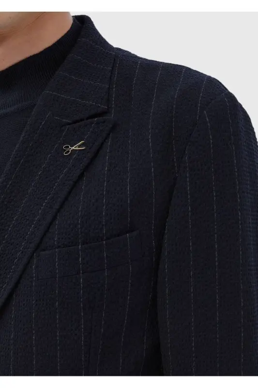 Navy Blue Striped Comfort Fit Cotton Blend Suit - 6