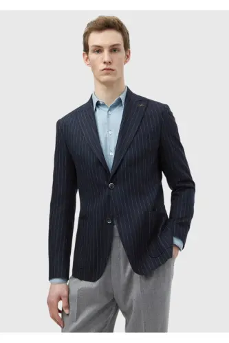 Navy Blue Striped Zeroweight Slim Fit Wool Blend Jacket - 1