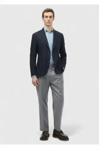 Navy Blue Striped Zeroweight Slim Fit Wool Blend Jacket - RAMSEY (1)