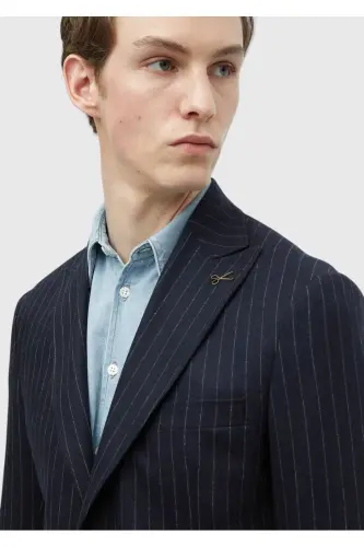 Navy Blue Striped Zeroweight Slim Fit Wool Blend Jacket - 5