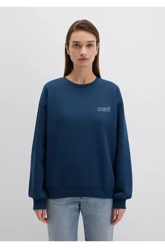 Navy Blue Sweatshirt with Logo Print 1611656-82454 - 3