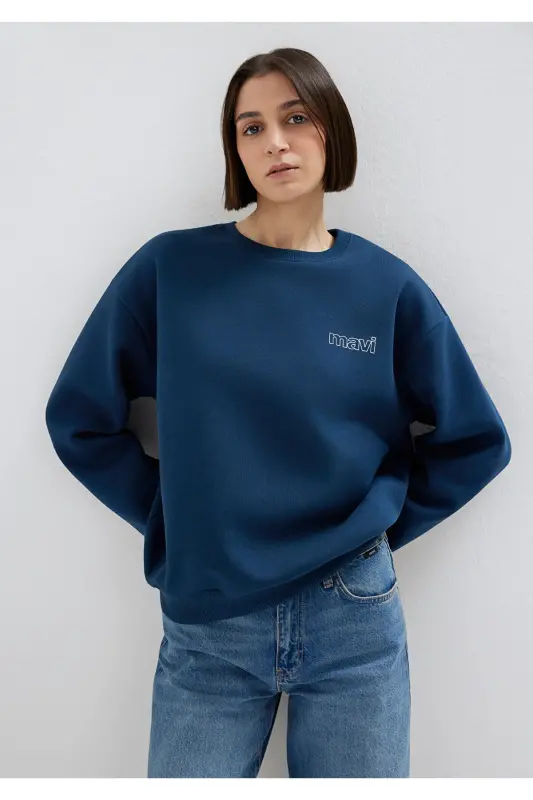 Navy Blue Sweatshirt with Logo Print 1611656-82454 - 1
